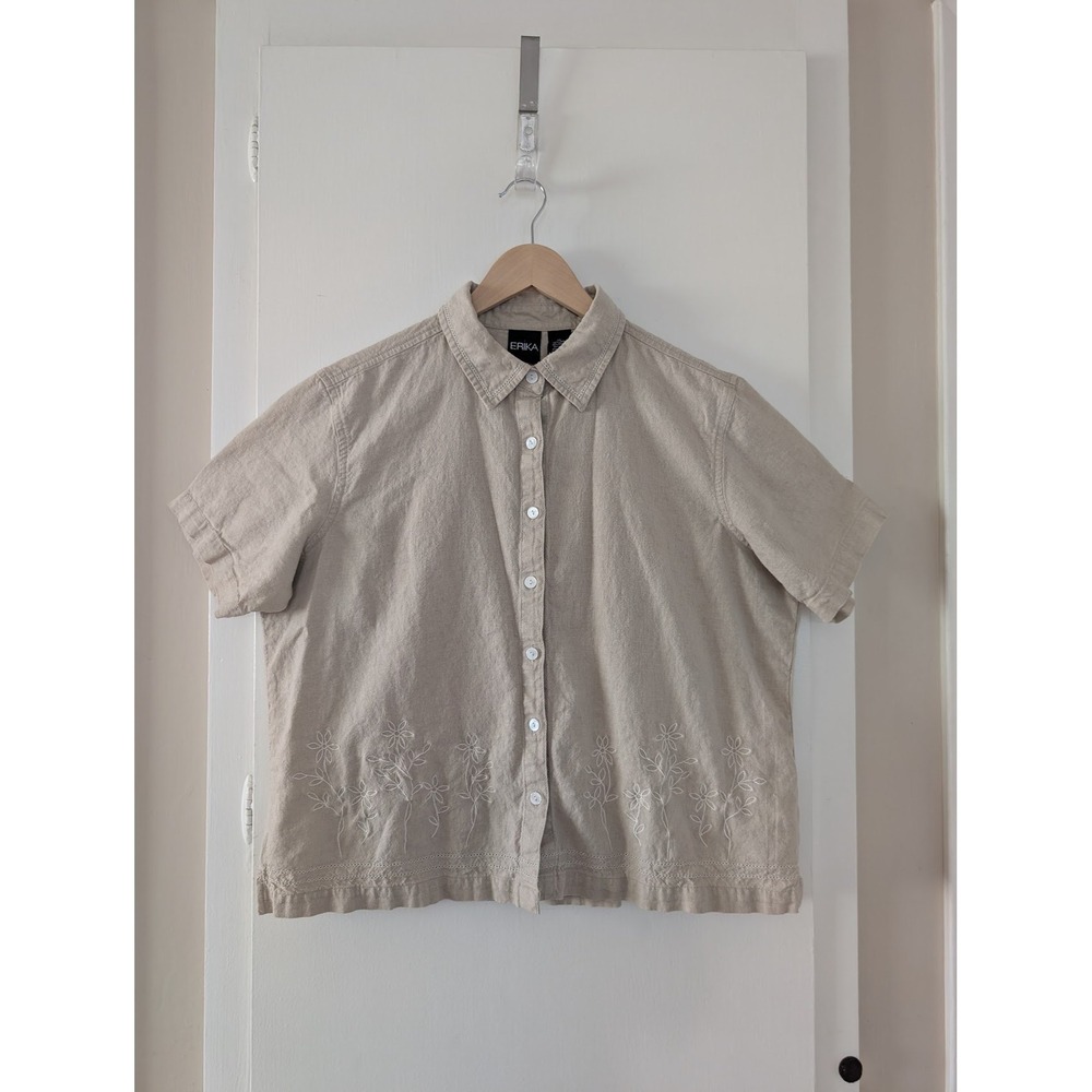 Erika Womens‎ XL Linen Blend Shirt Floral Embroidered Granola Girl Coastal Boxy